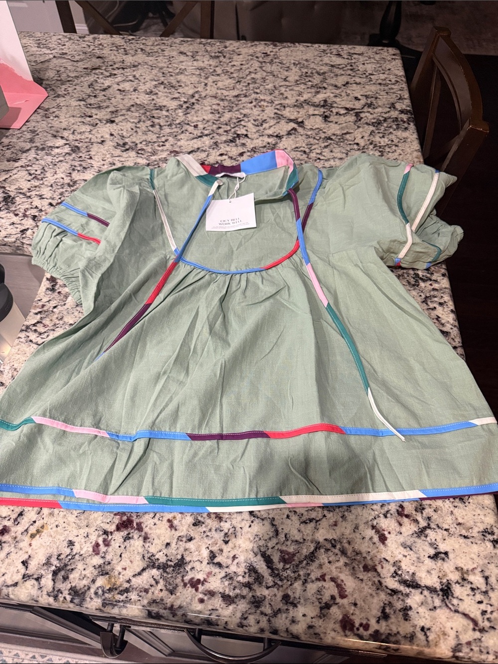 Light Sage Puff-Sleeve Blouse with Multicolor Trim by